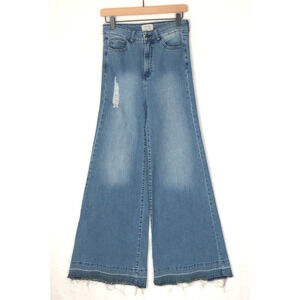 LITZ BY UNIQ Distressed Flare Jeans Sz 28/7 Med Wash Undone Hem Stretch High